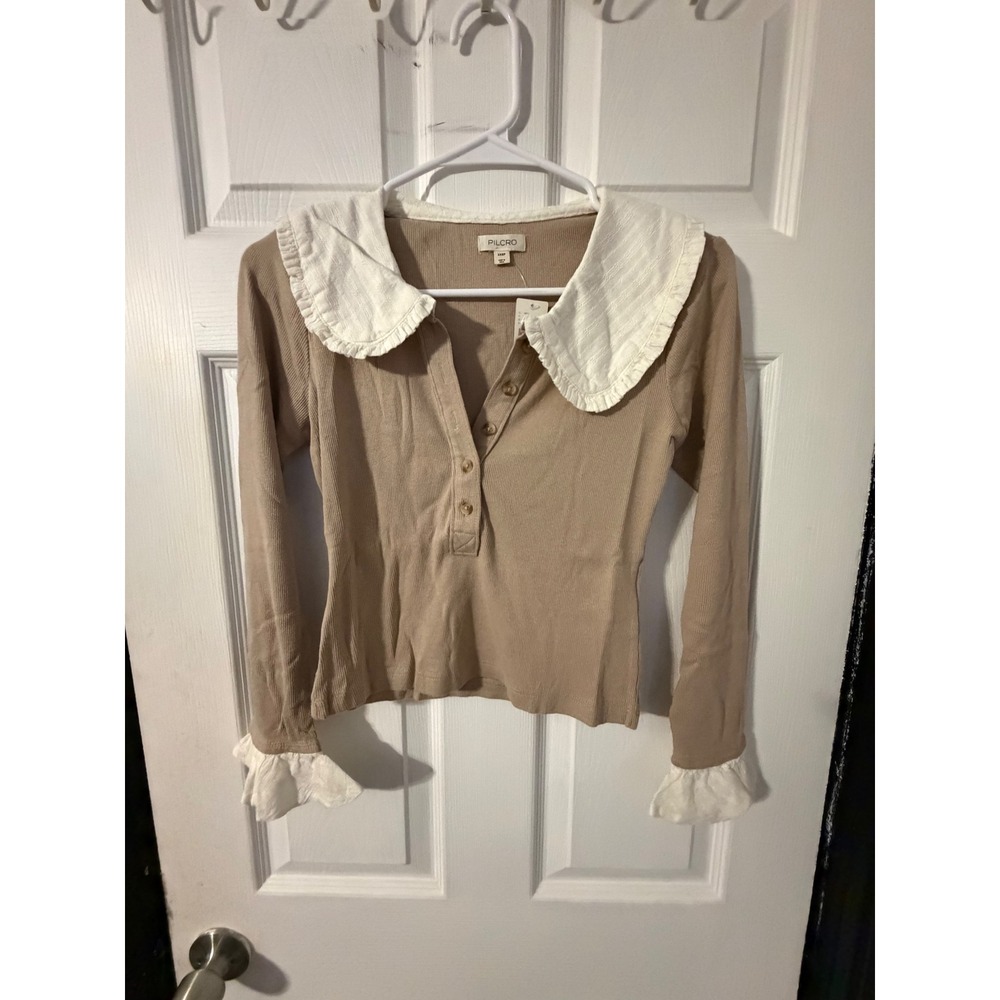 Pilcro Anthropologie Ribbed Henley Top Eyelet Peter Pan Collar Khaki XXSP NEW